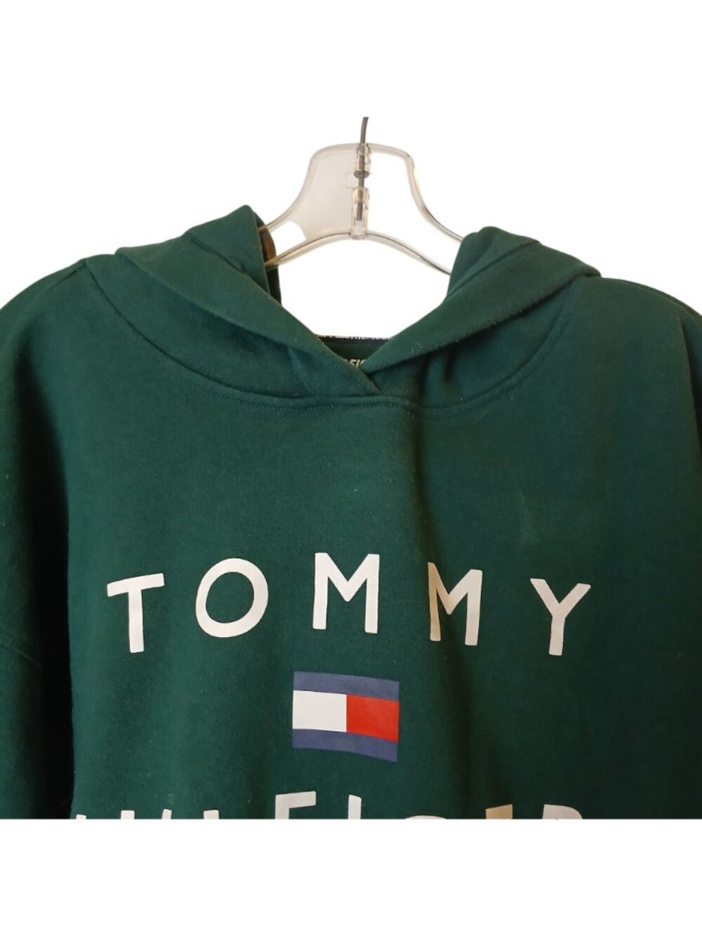 Tommy Hilfiger Sport Womens M Green Hoodie Cropped Drawstring Hem Spellout #Z-3 - Picture 8 of 8